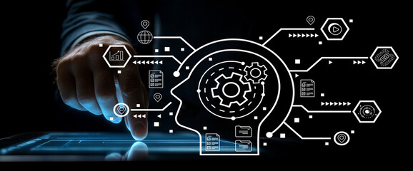 Innovative Technology and Data Processing with Human Touch and Digital Interface Representing Artificial Intelligence Concepts and Collaboration Efforts