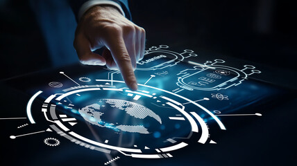 Touching a Digital Interface with Global Map Projection Illustrating Advanced Technology and Futuristic Data Visualization Concepts