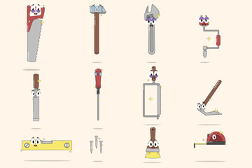 cute carpentry tools icon set appliance Mascots with Cartoon Faces – Vector Set