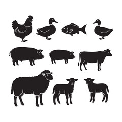 Diverse Farm Animal Silhouettes Set Vector Illustration Graphic