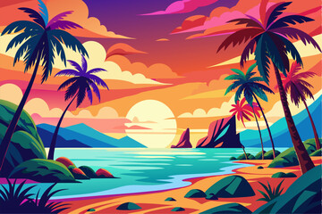 This scenic coastal landscape features a tranquil shoreline surrounded by greenery and distant mountains, perfect for vacation, travel, and summer-themed designs. Ideal for web, print, or social media