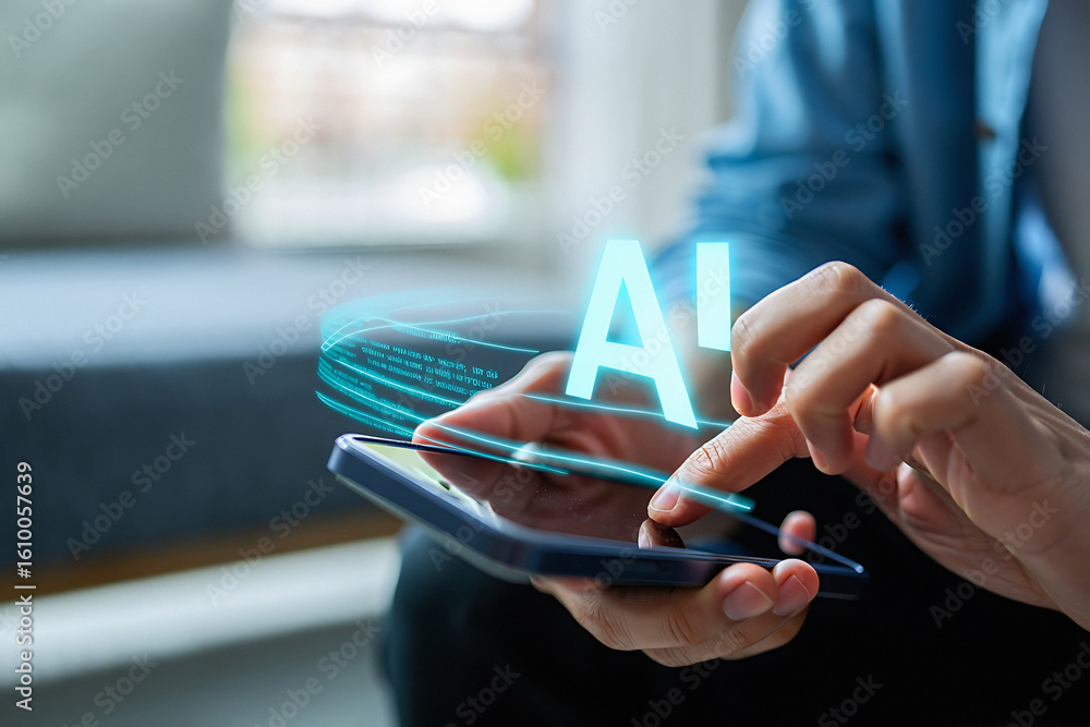 Aufkleber person using a smartphone with ai hologram overlayed on the screen for artificial intelligence conce