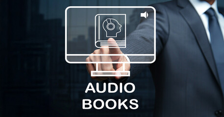 Person in Business Attire Interacting with Digital Interface Displaying Concept of Audiobooks and Modern Technology on Glass Background