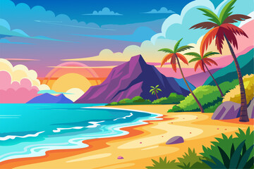 This scenic coastal landscape features a tranquil shoreline surrounded by greenery and distant mountains, perfect for vacation, travel, and summer-themed designs. Ideal for web, print, or social media