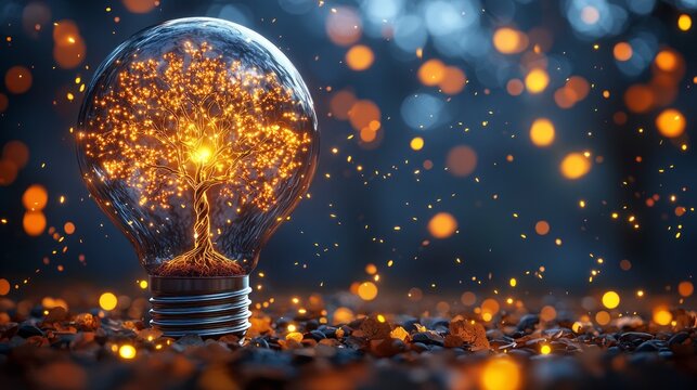 Lightbulb tree shines on the rocky surface