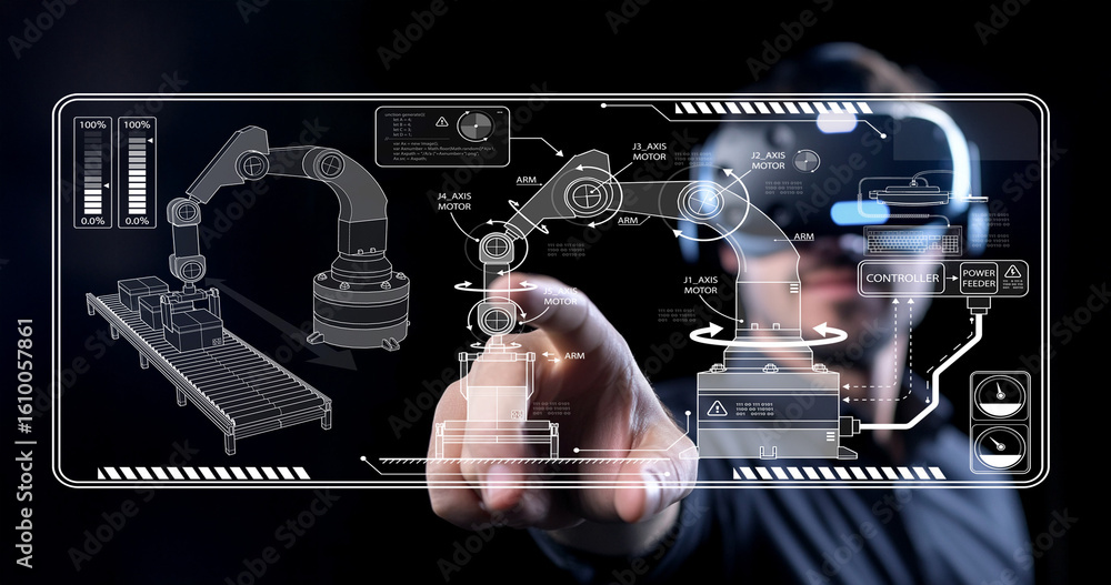 Poster futuristic engineer interacting with advanced robotic arm technology in a high-tech industrial envir