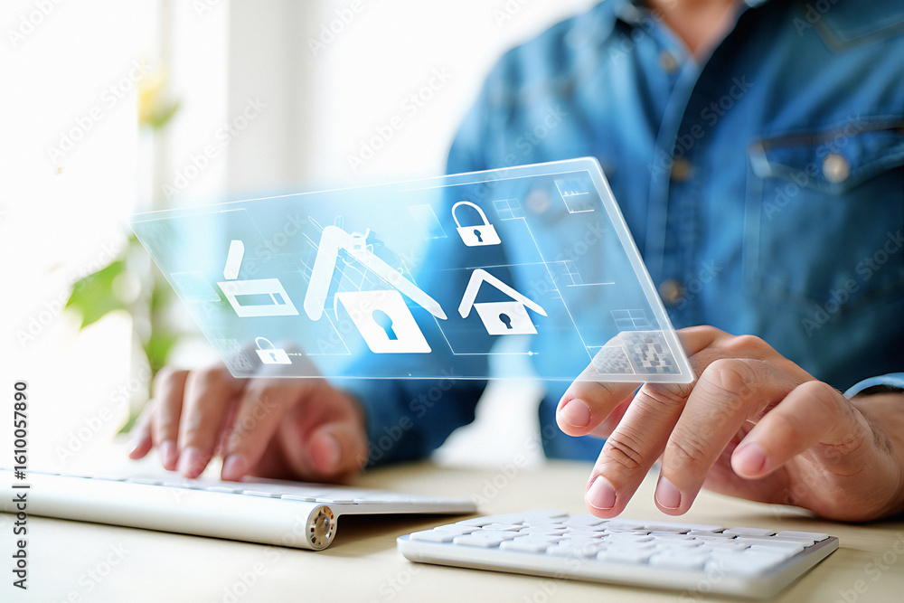 Aufkleber person using keyboard with transparent screen showing home security system interface icons displayed