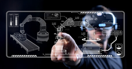 Futuristic Engineer Interacting with Advanced Robotic Arm Technology in a High-Tech Industrial Environment