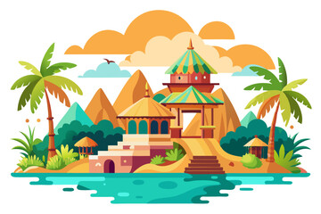 This scenic coastal landscape features a tranquil shoreline surrounded by greenery and distant mountains, perfect for vacation, travel, and summer-themed designs. Ideal for web, print, or social media