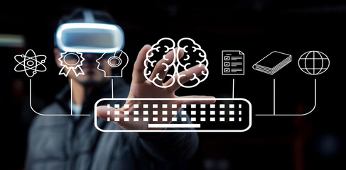 Man Wearing VR Headset Interacting with Digital Interface Representing Learning, Technology, and Innovation in Virtual Reality Environment