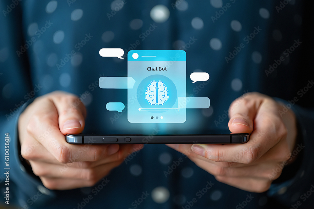 Aufkleber person holding phone with chat bot interface and brain icon on the screen in a close up view