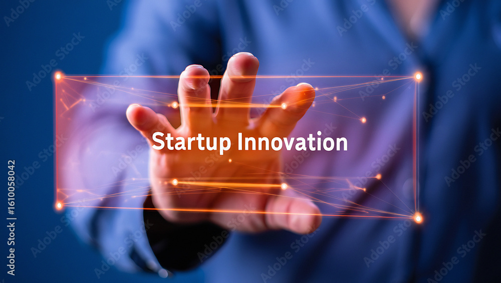 Poster a person reaching towards startup innovation text with a digital interface overlay on a blue backgro
