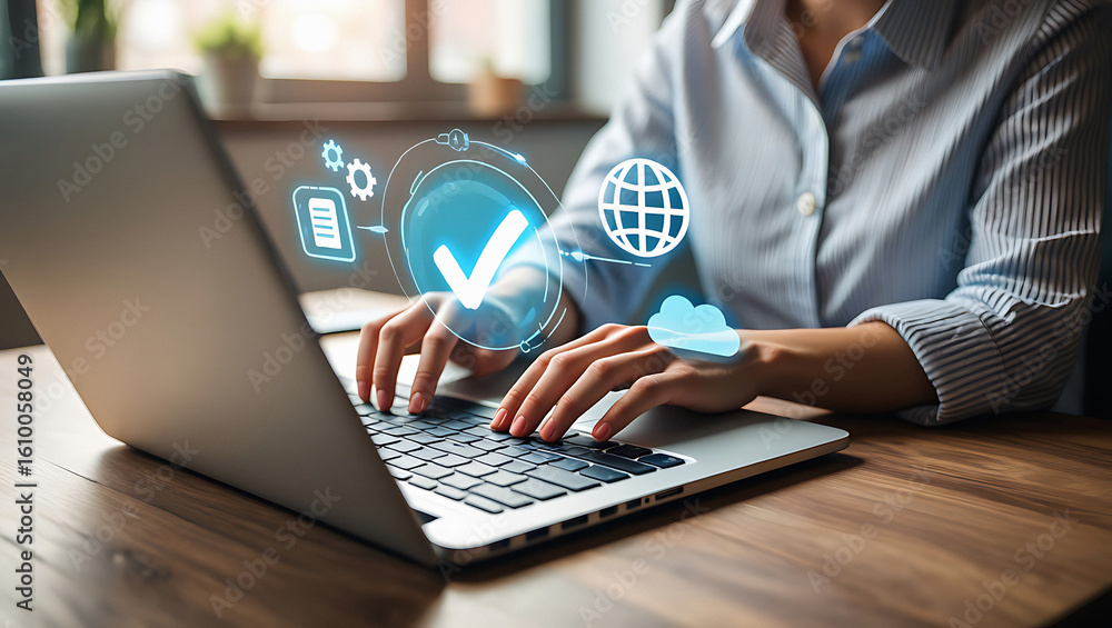 Poster woman typing on laptop keyboard with digital icons floating above the computer screen on wood table