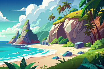Obraz premium This scenic coastal landscape features a tranquil shoreline surrounded by greenery and distant mountains, perfect for vacation, travel, and summer-themed designs. Ideal for web, print, or social media