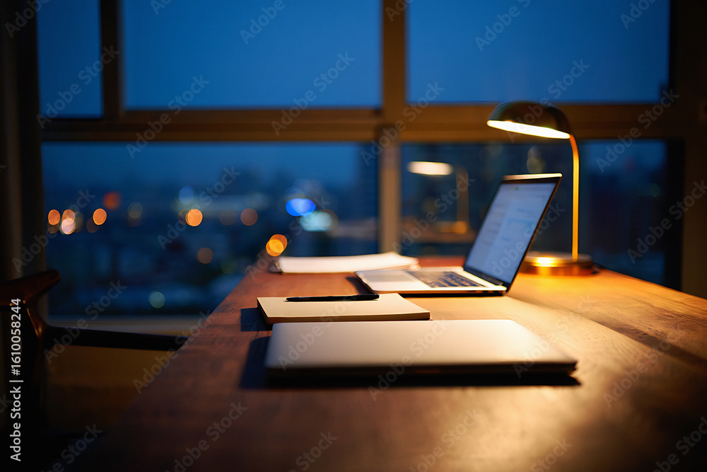 Poster a laptop and lamp on a desk in front of a window with a city view at night in a cozy workspace setti