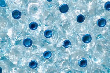Plastic water bottles with blue caps arranged in dense overlapping pattern, top view close up of recyclable transparent containers, concept of plastic waste pollution, environmental sustainability, re