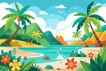 Obraz premium This scenic coastal landscape features a tranquil shoreline surrounded by greenery and distant mountains, perfect for vacation, travel, and summer-themed designs. Ideal for web, print, or social media