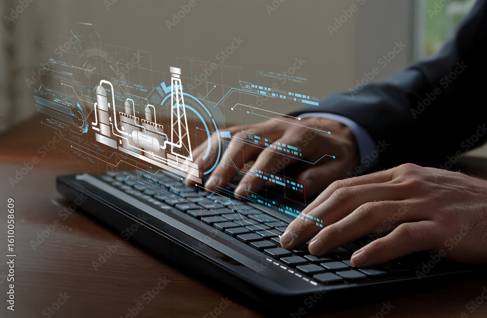 Poster hands typing on keyboard with futuristic digital overlay representing technology and industrial inno