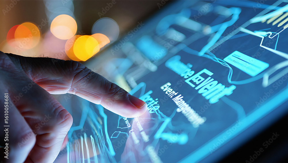 Poster a finger touching a digital screen displaying event management software with bokeh light background
