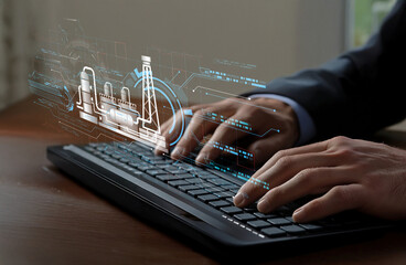 Hands Typing on Keyboard with Futuristic Digital Overlay Representing Technology and Industrial Innovation in a Modern Workspace