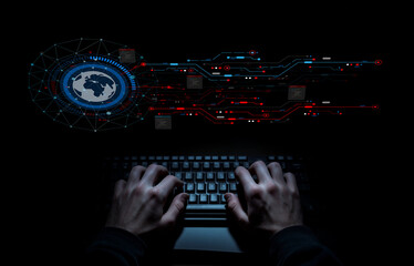 Hands typing on a keyboard with glowing digital data and world map on a dark background, representing cyber security and technology innovation