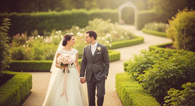 A newly married couple holding hands and walking through a lush garden. The bride carries a bouquet and wears a veil. It's a romantic and idyllic scene.