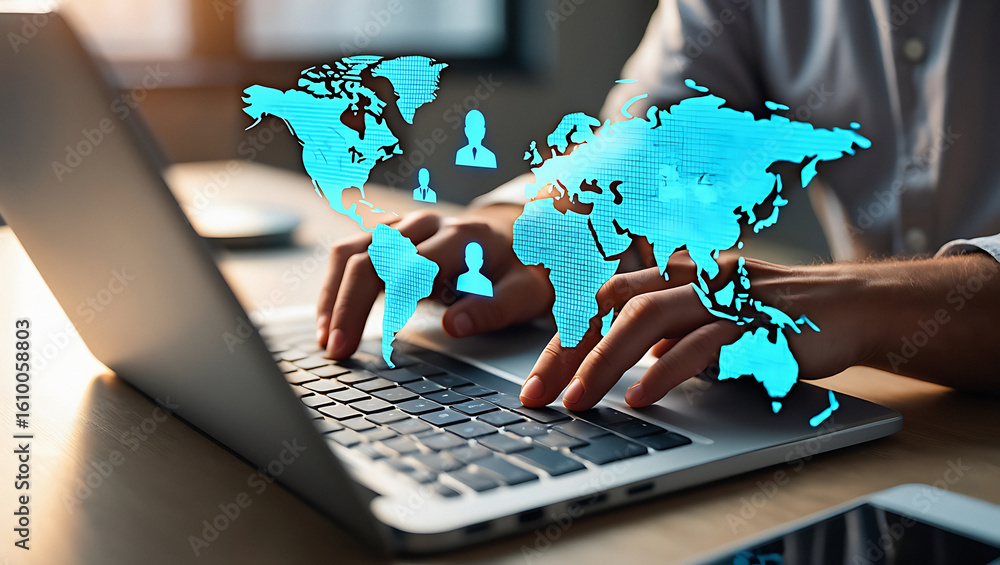 Poster person typing on a laptop with a world map overlay and user icons showing global connections