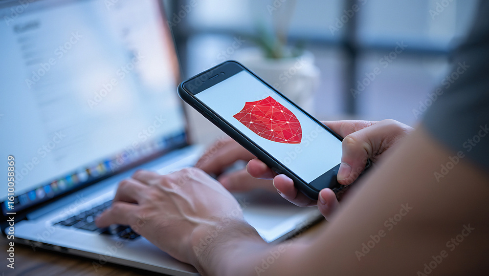 Poster person using laptop while holding a smartphone displaying a digital shield icon on its screen