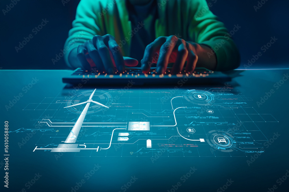 Poster person typing on keyboard in dark environment with wind turbine and digital interface illustrating r