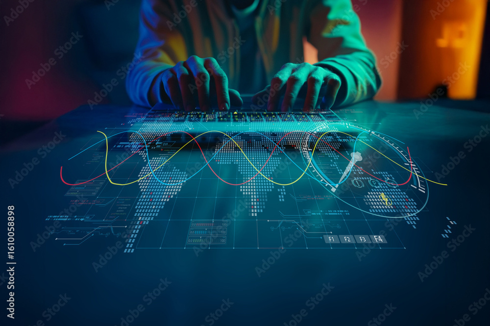 Poster futuristic image of a person working on a laptop with data visualizations, graphs, and world map des