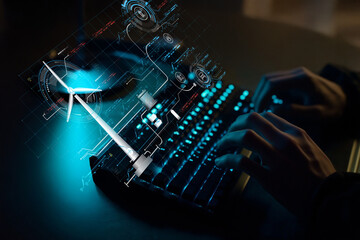 Modern Technology and Renewable Energy Concept with Digital Wind Turbine on Keyboard in Dark Environment Enhancing Sustainable Future Vision