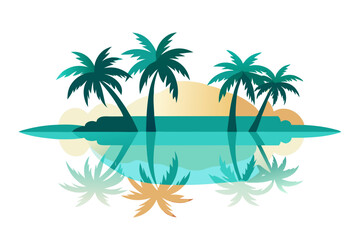 This scenic coastal landscape features a tranquil shoreline surrounded by greenery and distant mountains, perfect for vacation, travel, and summer-themed designs. Ideal for web, print, or social media