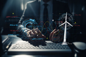 Modern Businessman Working on Renewable Energy Project with Wind Turbine and Digital Graphs in Background, Focusing on Sustainability and Innovation