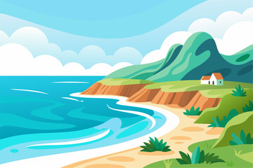 This scenic coastal landscape features a tranquil shoreline surrounded by greenery and distant mountains, perfect for vacation, travel, and summer-themed designs. Ideal for web, print, or social media