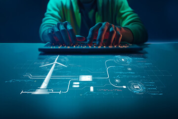 Person Typing on Keyboard in Dark Environment with Wind Turbine and Digital Interface Illustrating Renewable Energy Technology Concept