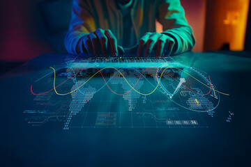 Futuristic image of a person working on a laptop with data visualizations, graphs, and world map designs illuminating a dark workspace environment