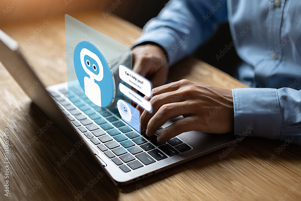 Aufkleber person typing on laptop with chatbot interface overlayed on the screen interacting with the user