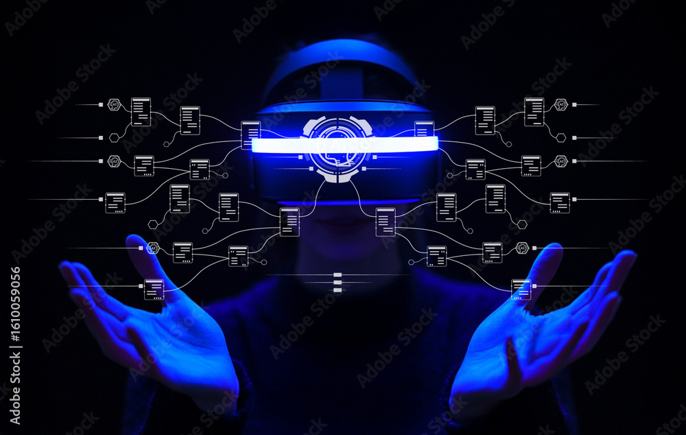 Aufkleber futuristic virtual reality experience with hands extended and digital interface visualization in dar