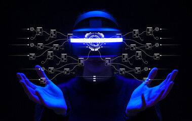 Futuristic Virtual Reality Experience with Hands Extended and Digital Interface Visualization in Dark Environment
