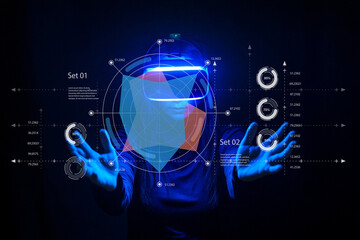 Virtual Reality Experience with Digital Interface and User Interaction in Dark Background, Futuristic Technology Concept