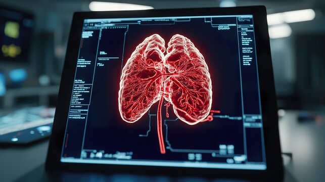 Holographic medical imaging projecting a 3D organ model, interactive diagnosis, surgical planning, advanced medicine.