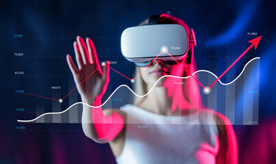 Woman in Virtual Reality Headset Engaging with Graph Data Visualization and Technology Background for Future Innovations and Business Growth Concepts