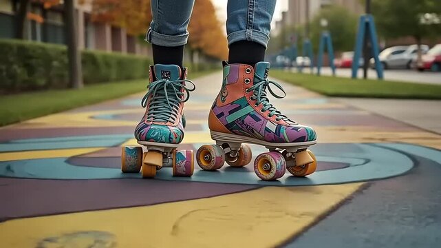 Colorful Roller Skates Rolling on a Painted Sidewalk in a City Park Setting