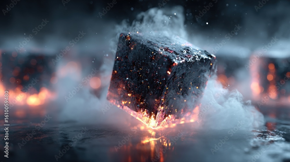 Fototapete mystical cube floating in a smoky void: abstract rendering of elemental power