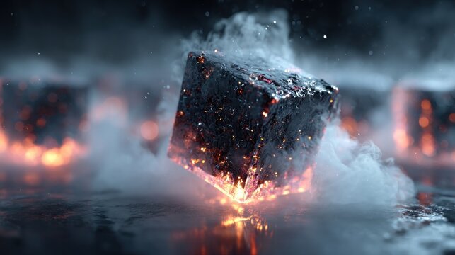 Mystical Cube Floating in a Smoky Void: Abstract Rendering of Elemental Power