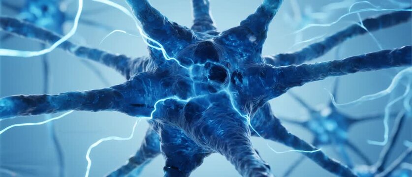 Electrical Impulses in Microscopic Neural Network, Abstract Representation of Brain Activity, Close-up View of Connected Cells, Dynamic Digital Illustration for Neuroscience