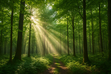 Sunlight filtering through the dense green forest canopy illuminating a winding path
