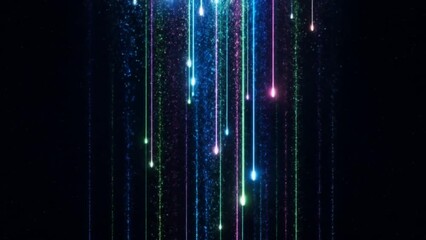 Vertical neon light trails falling in darkness, multicolored glowing lines with glittering particles, abstract futuristic motion background, bright rainbow laser streaks, high contrast night backdrop,