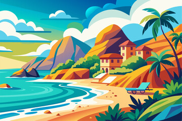 This scenic coastal landscape features a tranquil shoreline surrounded by greenery and distant mountains, perfect for vacation, travel, and summer-themed designs. Ideal for web, print, or social media