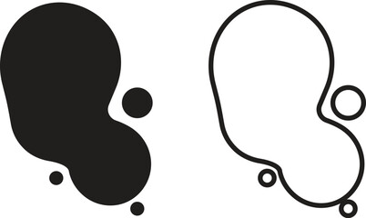 Blob shape flat and outline icon set, abstract organic black ink splatter or liquid drop silhouette symbols, irregular fluid form for modern art, ui design elements isolated on transparent background.